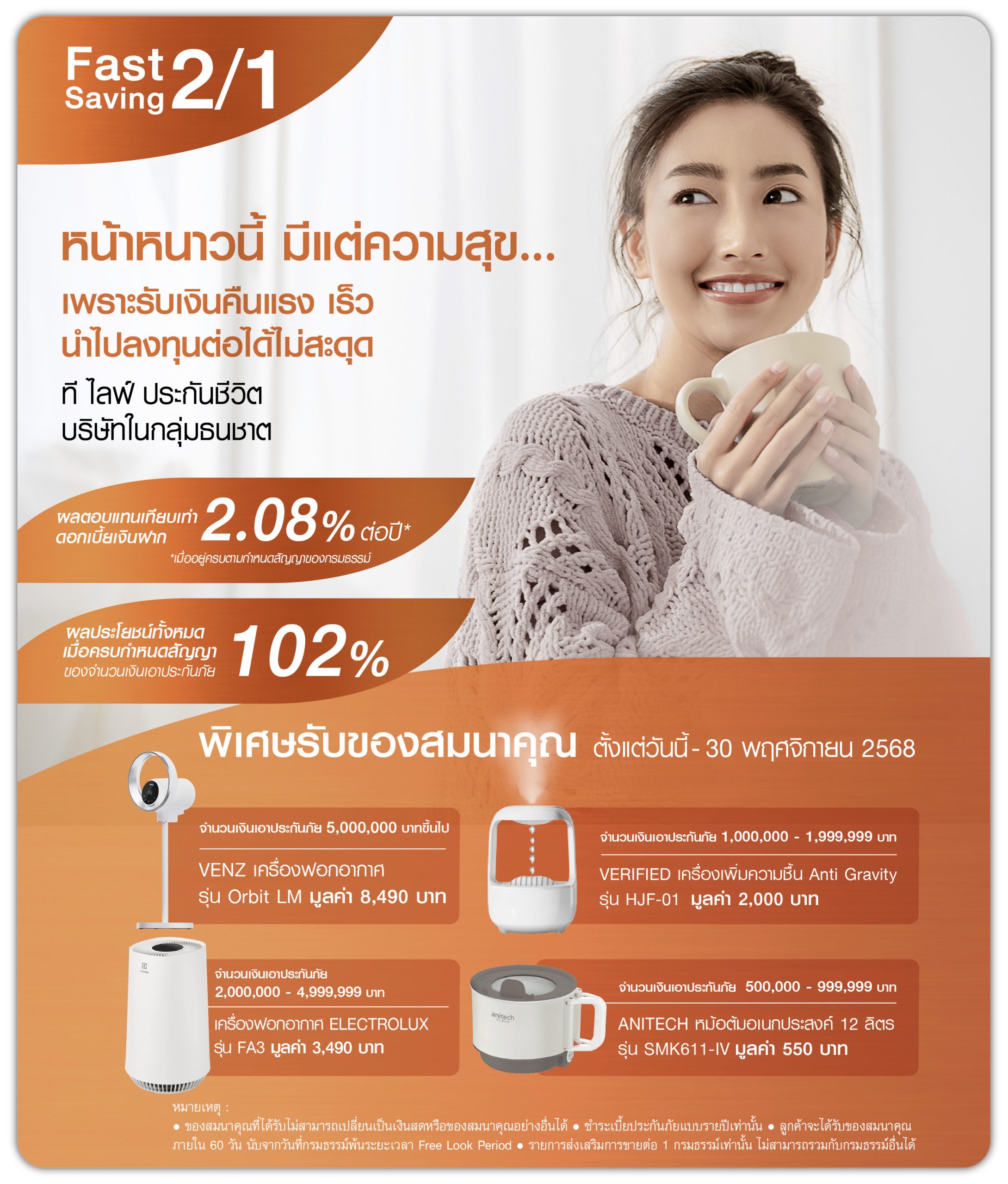 Fast Saving 2/1 เงื่อนไขรายการส่งเสริมการขาย 1. เมื่อซื้อผลิตภัณฑ์ Fast Saving 2/1 ของ บริษัท ที ไลฟ์ ประกันชีวิต จำกัด (มหาชน) ผ่านช่องทางการขาย Electronic Sale 2. ระยะเวลาของรายการส่งเสริมการขายผลิตภัณฑ์วันที่ 1-30 พฤศจิกายน 2568 หรือครบกำหนดวงเงินค่าเบี้ยฯ ทุกช่องทางการขาย 3. ชำระเบี้ยประกันด้วยเงินสดแบบรายปีเท่านั้น 4. ลูกค้าจะได้รับของสมนาคุณจากรายการส่งเสริมการขายเมื่อผ่านช่วง Free Look Period (สิทธิในการขอยกเลิกกรมธรรม์ประกันชีวิต) แล้วเท่านั้น ซึ่งลูกค้าจะได้รับภายใน 60 วัน นับจากวันที่กรมธรรม์พ้นระยะเวลา Free Look Period 5. กรณีจัดส่งของแบบไปรษณีย์หากไม่มีผู้รับของสมนาคุณตามที่อยู่ที่จัดส่ง ของสมนาคุณจะถูกตีกลั บมายังบริษัทฯ และบริษัทฯ จะจัดเก็บไว้เป็นเวลา 70 วัน นับจากวันที่ไปรษณีย์ตีกลับ หากไม่มีผู้ใดติดต่อขอรับของสมนาคุณภายในระยะเวลาดังกล่าว ให้ถือว่าสละสิทธิ์ในการรับของสมนาคุณ 6. เงื่อนไขการรับของสมนาคุณเป็นไปตามที่บริษัทฯ กำหนด 7. รายการส่งเสริมการขายสำหรับการชำระเบี้ยประกันปีแรกเท่านั้น 8. บริษัทฯ ขอสงวนสิทธิ์ในการเปลี่ยนแปลงของสมนาคุณที่ราคาใกล้เคียงกัน โดยไม่ต้องแจ้งให้ทราบล่วงหน้า 9. เงื่อนไขรายการส่งเสริมการขายเป็นไปตามที่บริษัทฯ กำหนด ในกรณีเกิดข้อพิพาท คำตัดสินของบริษัทฯ ถือเป็นที่สิ้นสุด 10. ของสมนาคุณที่ได้รับไม่สามารถเปลี่ยนเป็นเงินสดหรือของสมนาคุณอย่างอื่นได้ 11. รายการส่งเสริมการขายต่อ 1 กรมธรรม์เท่านั้น ไม่สามารถรวมกับกรมธรรม์อื่นได้